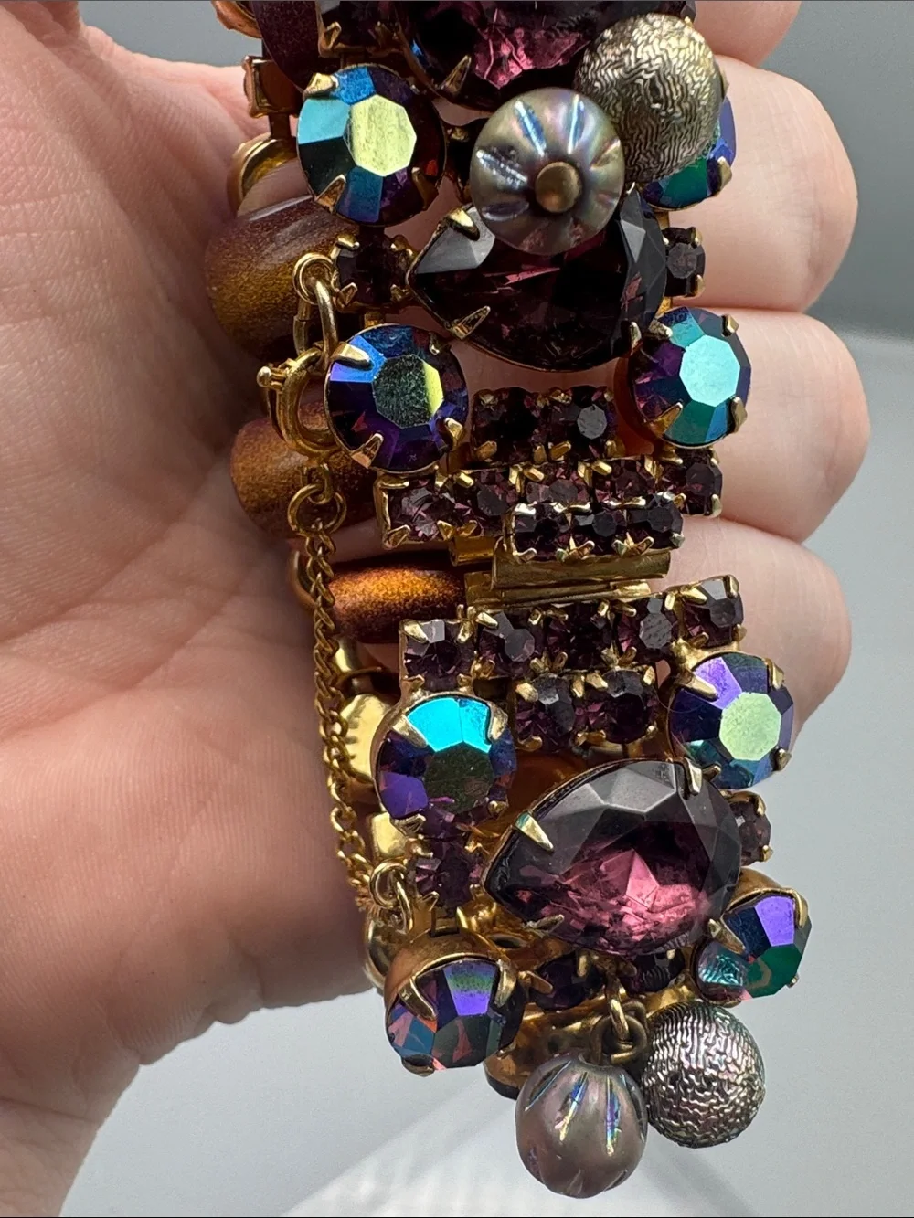 Vintage Purple Crystal Bar Brooch with Aurora Borealis Accents